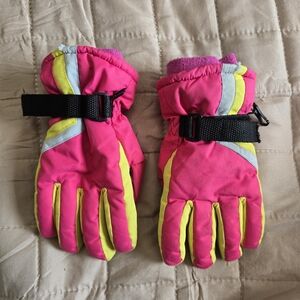 Childrens (Size XS) Nylon Gloves Fleece Lined Pink And Yellow